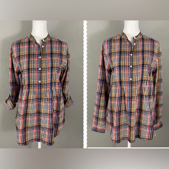 Lands End Womens Plaid Popover Top Flannel Tunic Buttons Pleats Navy Peach - Picture 1 of 12